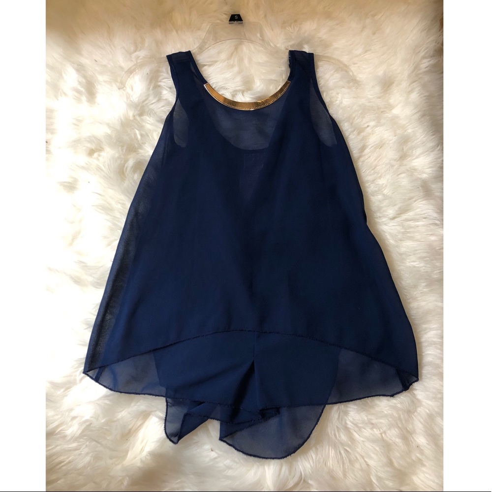 SIZE S Blue summer tank top blouse w/ gold collar